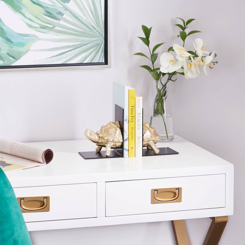 CosmoLiving by Cosmopolitan Brass Polystone Turtle Decorative Bookends with Black Stands (Set of 2)