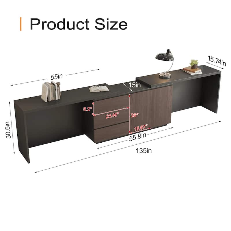 135'' Modern Home Office Expandable Dresser Desk with Storage Drawers and Cabinet