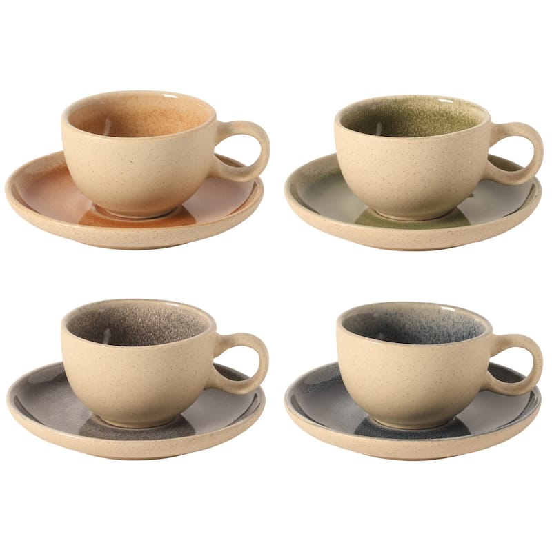Gibson Elite Manila Bay 8-Piece Stoneware 5 oz Reactive Glaze Expresso & Coffee Cup and Saucer Set, Assorted Colors