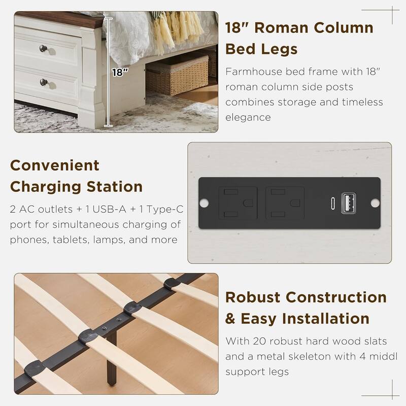 Farmhouse King Size Bed Frame with 54" Tall Storage Bookcase Headboard