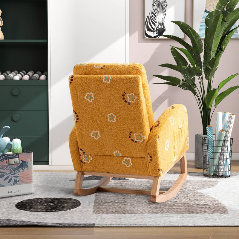 Rocking Chair with Side Pocket, Upholstered High Back Armchair with Solid Wood Legs, Leisure Chair with Padded Seat