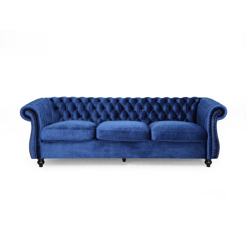 Somerville Chesterfield Tufted Velvet Sofa by Christopher Knight Home - Navy Blue/Dark Brown