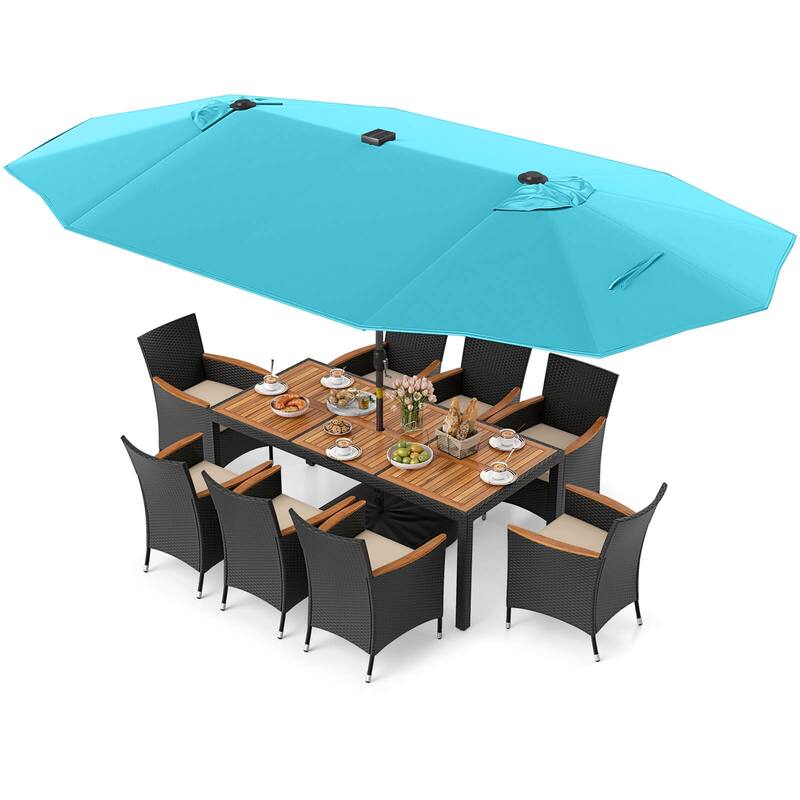 Gymax 11 PCS Patio Dining Set w/ 15ft Double-Sided Patio Umbrella - Beige +Turquoise