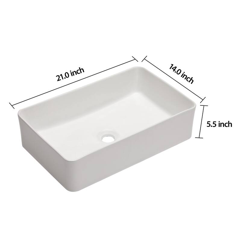 Sleek White Ceramic Bathroom Sink - 21"x14", Stain-Resistant, Contemporary Design, Countertop Mount - 21in L