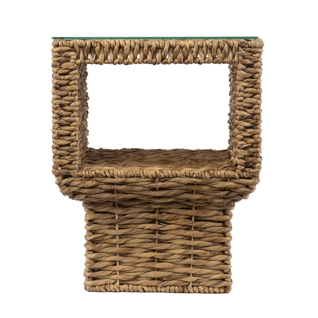 HomeRoots 23" Brown And Clear Glass And Rattan Wicker Square End Table - 18