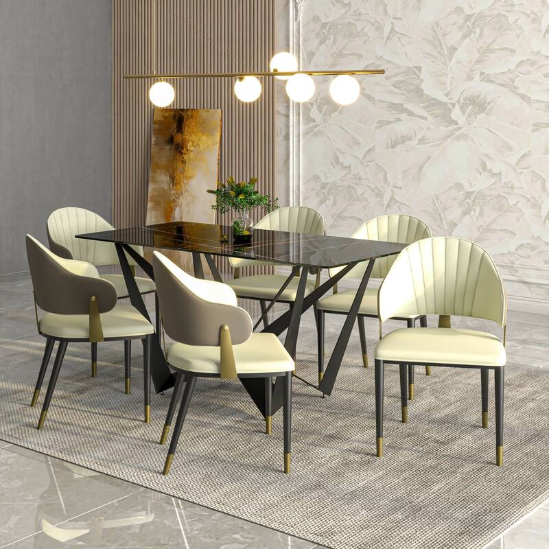 Leather Dining Chair in Iron Set of 2 with Gold Accents Design Modern Ergonomic Side Arm Chair