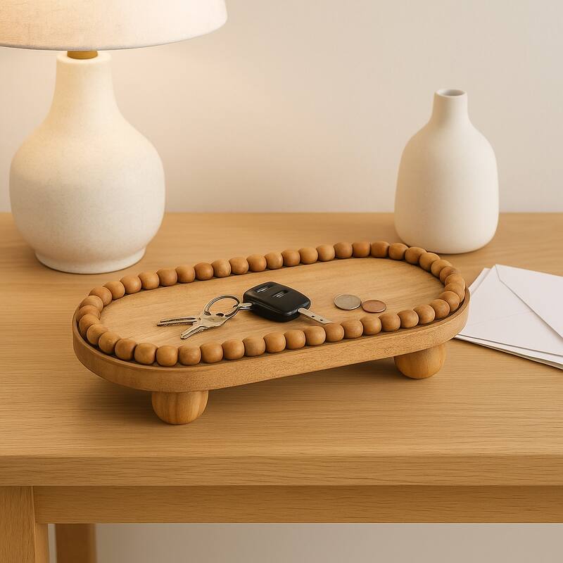 Decorative Mango Wood Beaded Oval Tray with Ball Feet - 16", Brown