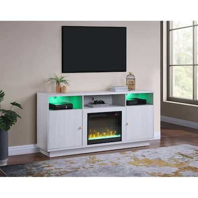 Ambrose 70"W White Walnut Finish Fireplace Console TV Stand with LED Light, Cabinets, Shelves