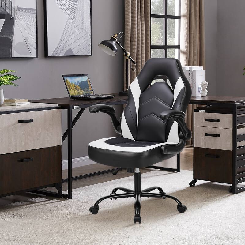 Ergonomic Gaming Office Chair, Adjustable PU Leather Executive Desk Chair with Flip-Up Armrests & Lumbar Support