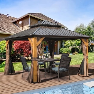 Brown 12 x 12 ft Hardtop Gazebo with Ventilated Galvanized Steel Double Roof and Cedar Wood Frame