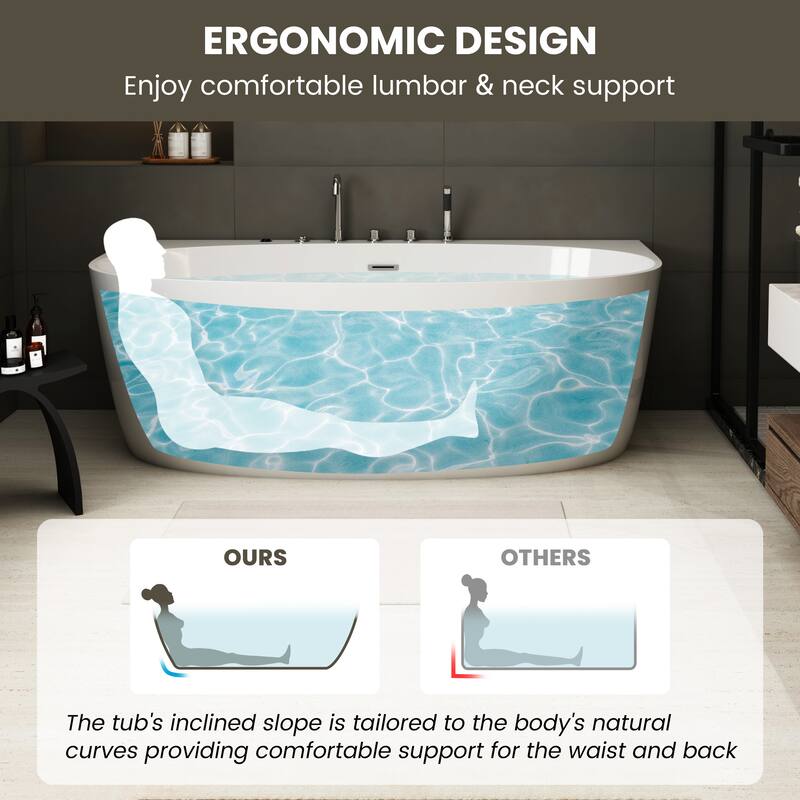 67 in. Freestanding Acrylic Whirlpool Bathtub with 6 Jets, Chromatherapy LED Lighting, 4-Hole Faucet Kit, Center Drain