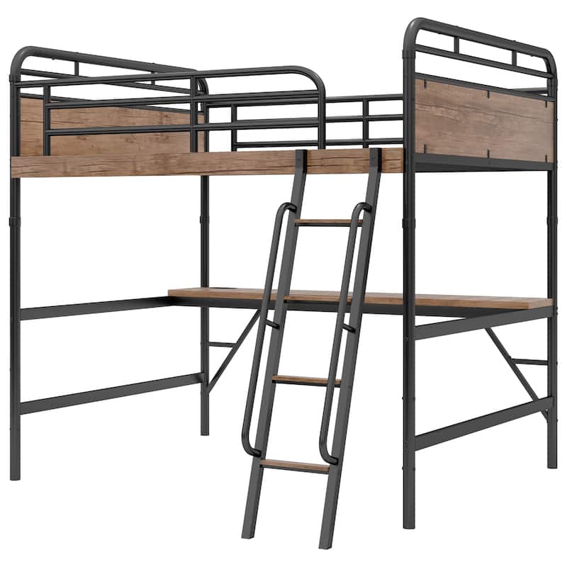 Full Size Metal Loft Bed with Desk, LED Light, and Charge Station, Black