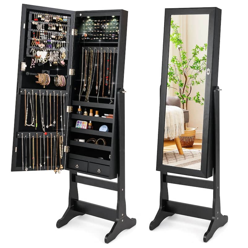 Costway Lockable Mirrored Jewelry Cabinet Armoire Organizer Storage - See Details - Black