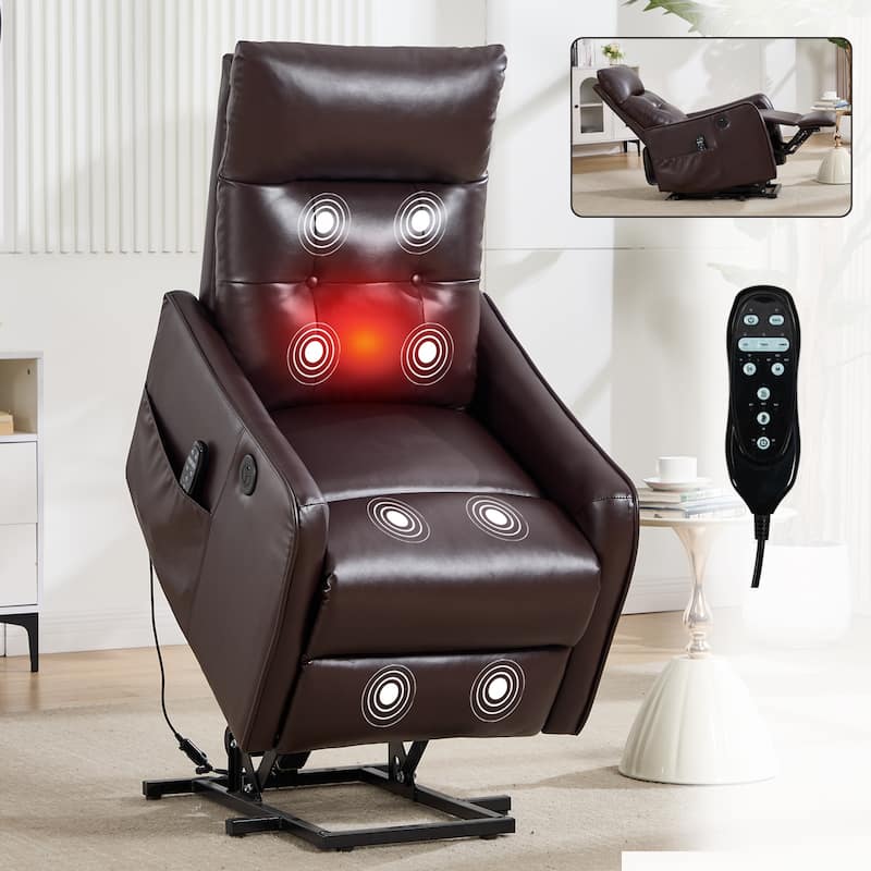 PU Leather Recliner with Single Motor Lift Massage Heat and 155 Degree Recline - Dark Brown