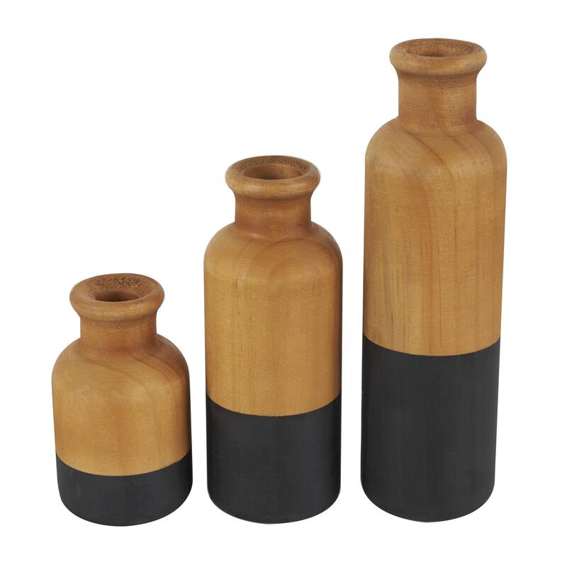 Wood Colorblock Decorative Vase with White or Black Bases - Set of 3 Brown - Roche River Decor - Black & Brown - 10", 8", 5"H