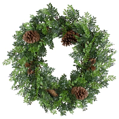 27"Artificial Boxwood and Pine Cone Christmas Wreath-Unlit - 27"