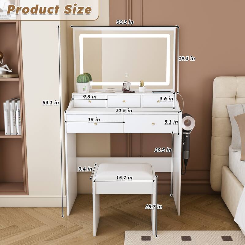 Large Mirror Vanity Desk for Bedroom, Modern Makeup Vanity with Power Outlet and Hair Dryer Holder, Dressing Table & Stool Set
