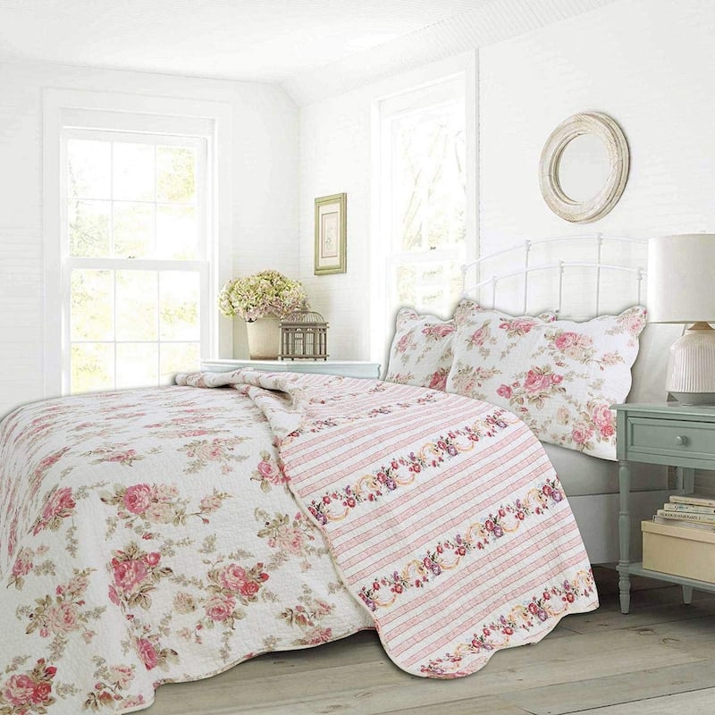 Cozy Line Pink Floral Patricia Reversible Floral 3 Piece Cotton Quilt Bedding Set