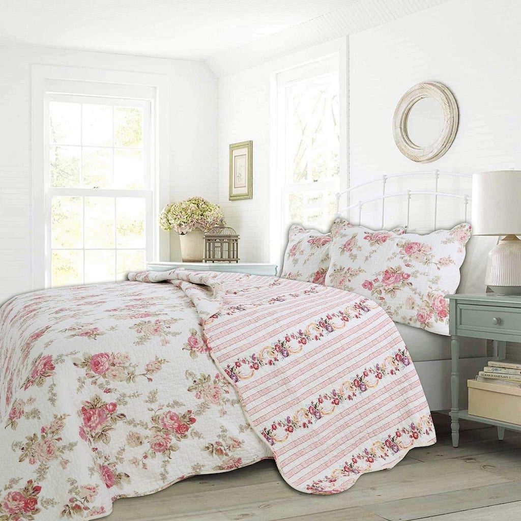 Cozy Line Pink Floral Patricia Reversible Floral 3 Piece Cotton Quilt Bedding Set