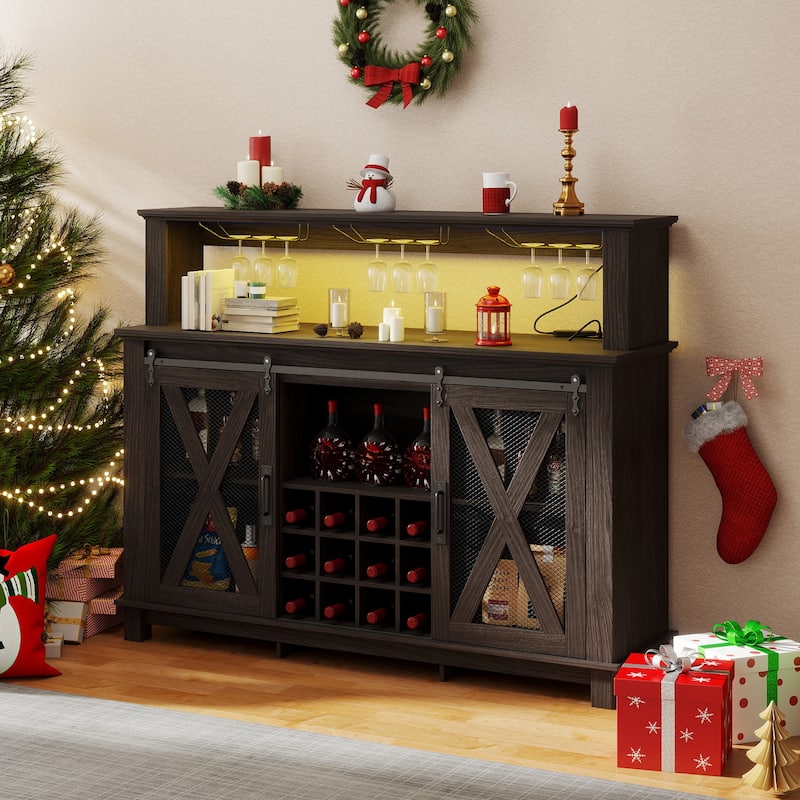 EROMMY Farmhouse Coffee Bar Cabinet with LED Lights, Sliding Barn Door, Wine Racks and Glass Holder, Home Liquor Cabinet