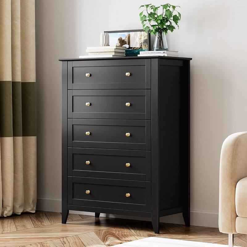5 Chest of Drawer Dresser, Modern Wood Tall Nightstand with Deep Drawers and Nickel Round Handle for Home - Black