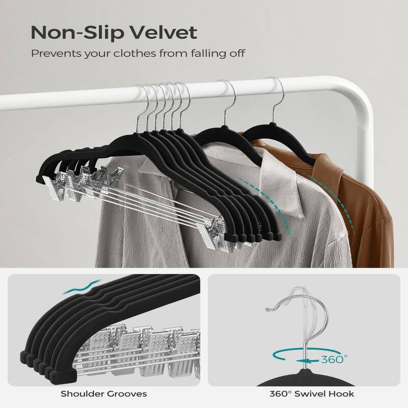 Modern Plastic Non-Slip Velvet Clothes Hangers with 2 Adjustable Clips Suitable for Trousers and Skirts