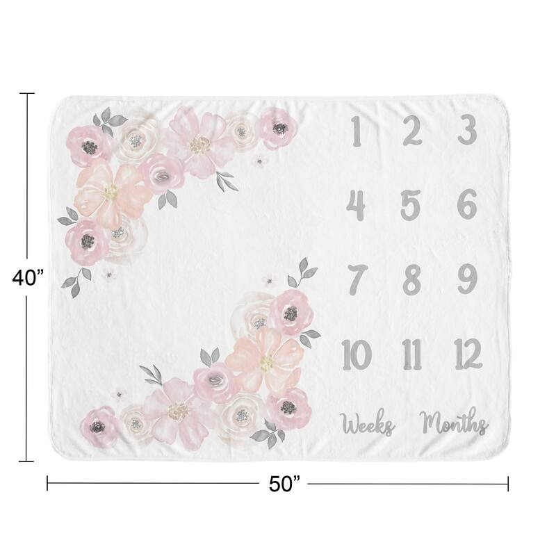 Watercolor Floral Collection Girl Baby Monthly Milestone Blanket - Blush Pink, Grey and White Boho Shabby Chic Rose Flower