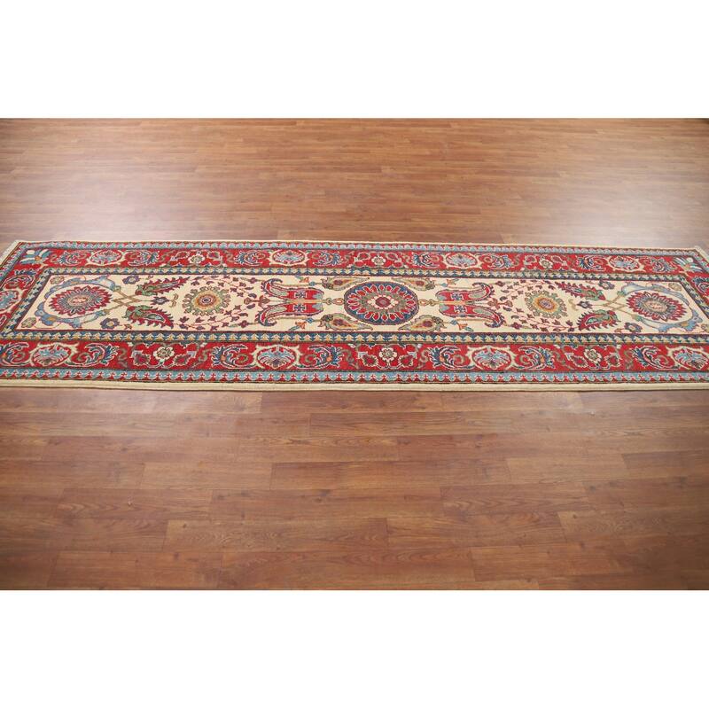 Beige Floral Kazak Oriental Runner Rug Hand-Knotted Wool Carpet - 2'9" x 10'0"