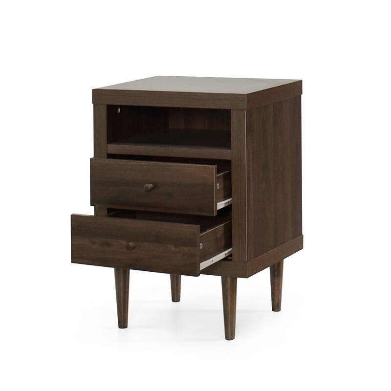 2-Drawer Nightstand with Mid-Century Design, Faux Wood Frame, and Rubberwood Legs, Storage Shelf