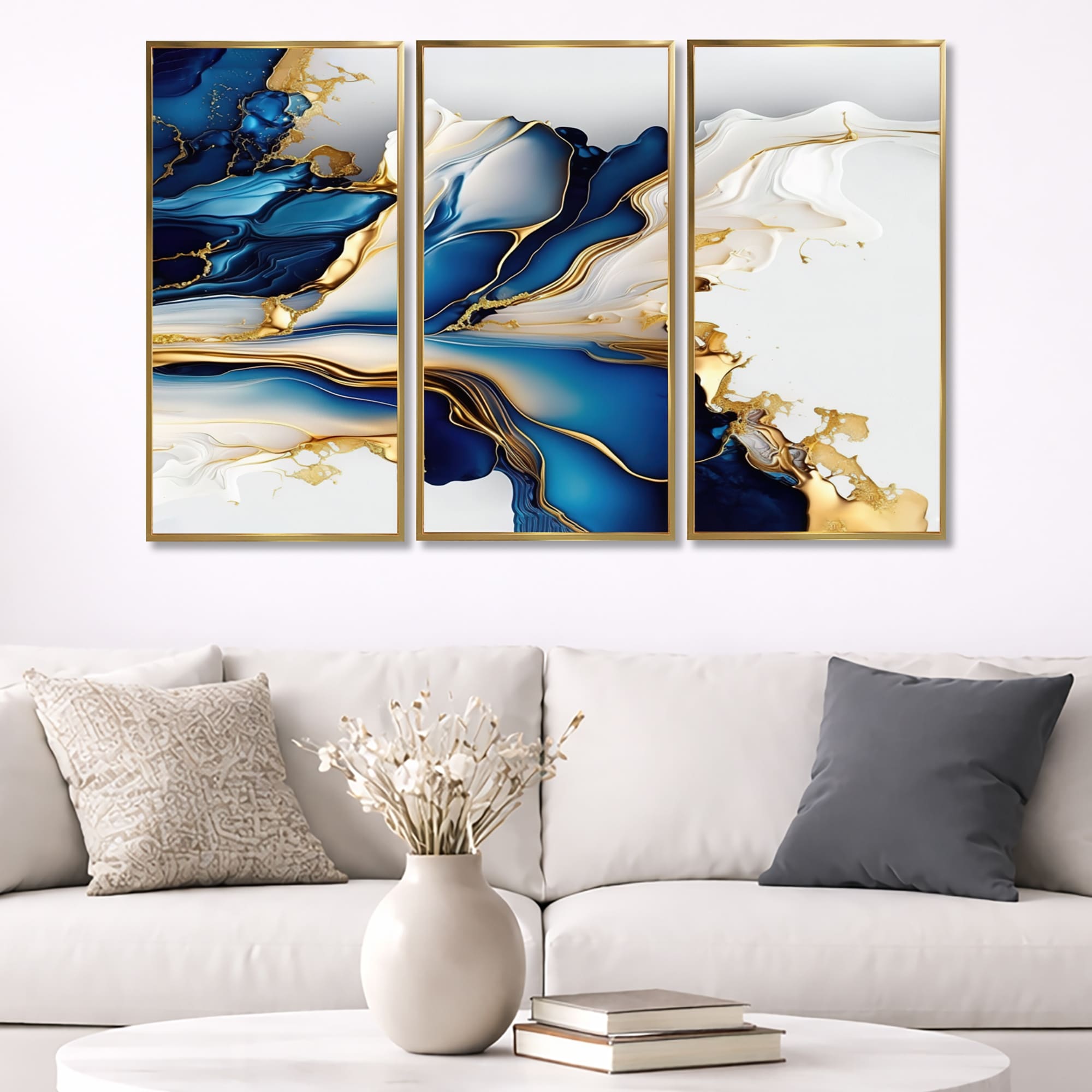 Designart "Abstract Geode Gold And Blue Marble Shape III" Modern Geometric Framed Canvas Art Print - 3 Panels