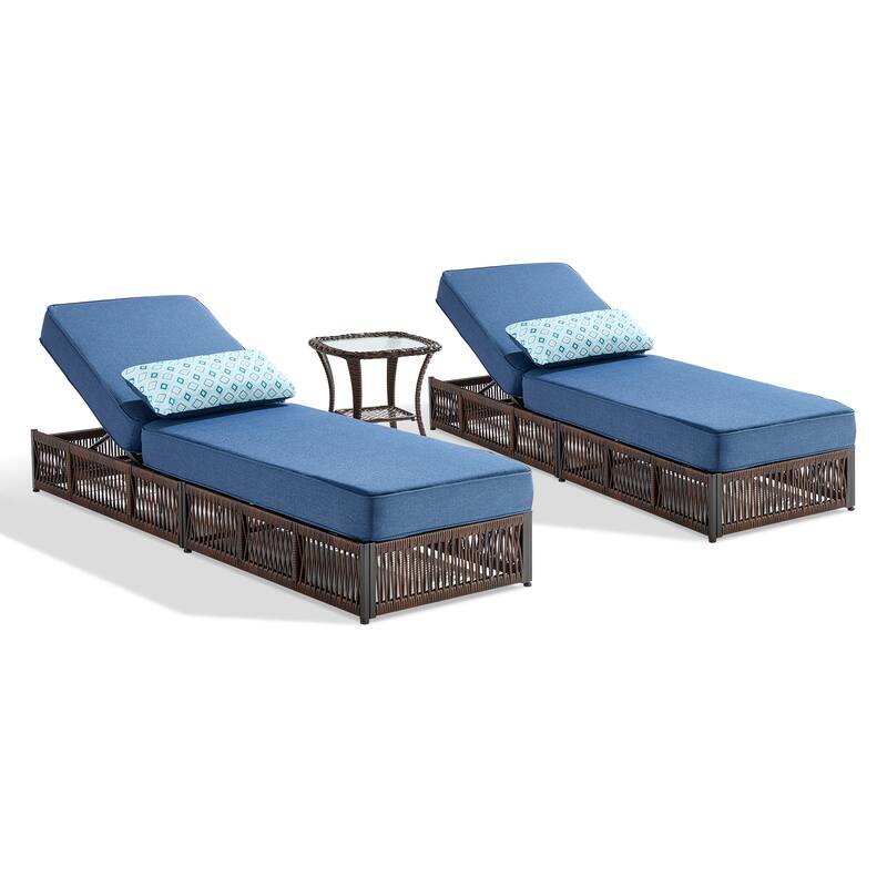 ArcoBay 3-Piece Brown Wicker Outdoor Patio Chaise Lounge with 5-Inch Thick Cushions and Side Table