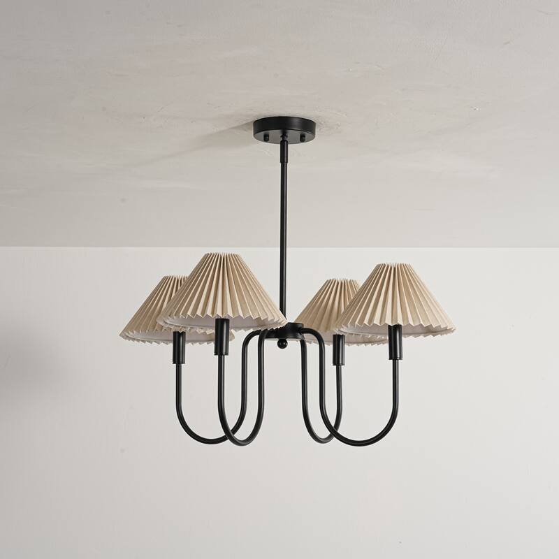 4-Light Mid-Century Modern Chandelier in Brushed Gold/Matte Black Chandelier with Pleated Shades for Living Room