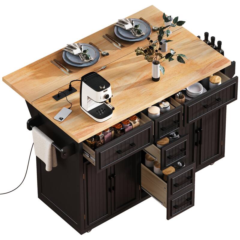Roomfitters 56.5" Rolling Kitchen Island with Drop Leaf, Mobile Cart with Power Outlets, 5 Drawers & Embossed Barn Doors, Black