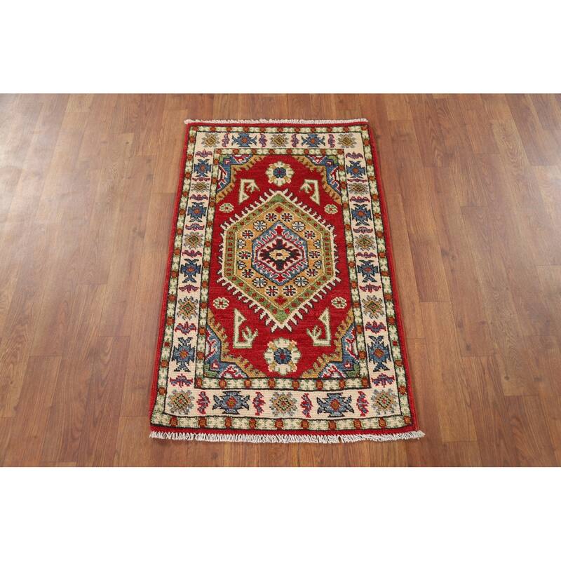Red Kazak Foyer Rug Hand-Knotted Geometric Wool Carpet - 2'0" x 3'2"