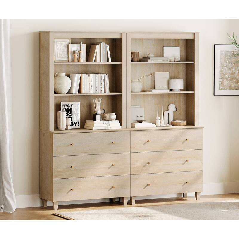 WAMPAT Modern 71" Tall Bookcase with 6 Drawers, 2 Columns 3-Tier