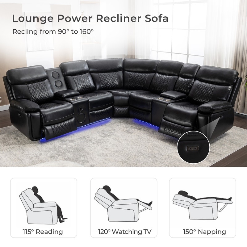 Power Reclining Sectional Sofa w Bass Speaker LED Light USB Port Cup Holder Storage Console for Living Room Faux Leather White On Sale Bed Bath Beyond 40348623