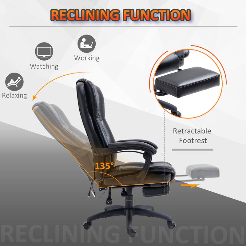 PU Leather Swivel High Back Massage Office Recliner Chair with 6-Point Vibration, Reclining Back, Retractable Footrest