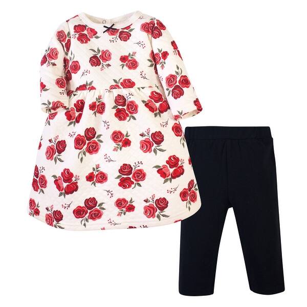 slide 1 of 1, Hudson Baby Toddler Girl Quilted Cotton Long-Sleeve Dress and Leggings 2pc Set, Red Rose 2T - Red Rose