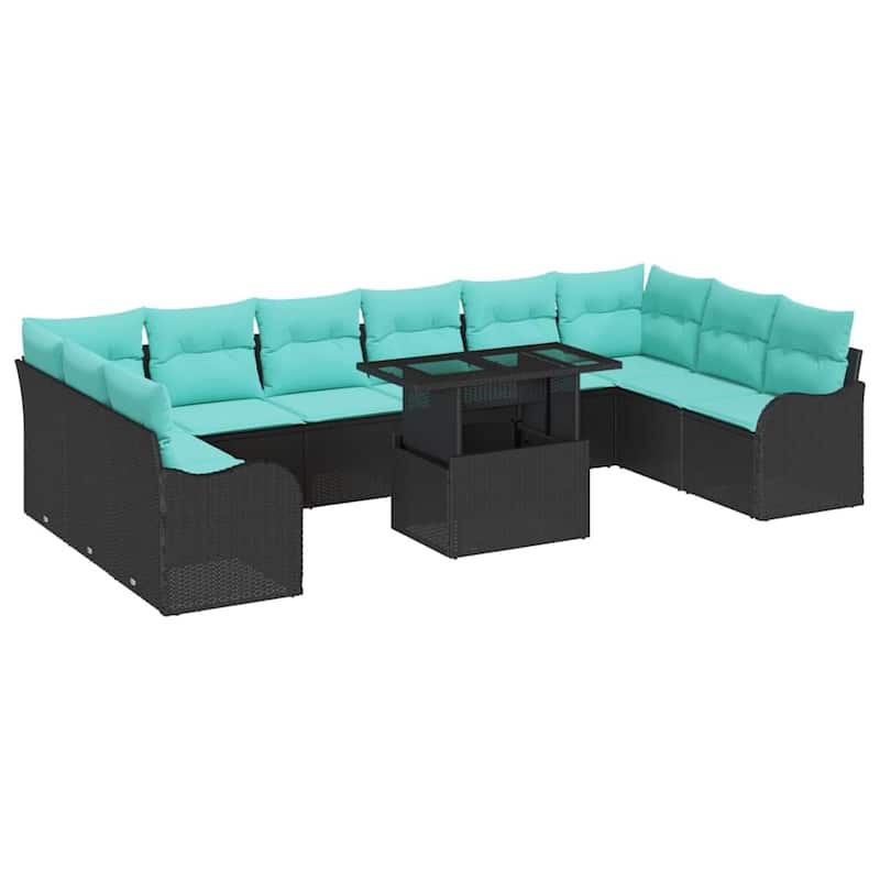 vidaXL 11 Piece Garden Sofa Set with Cushions Black Poly Rattan - 135.4×70×27.2
