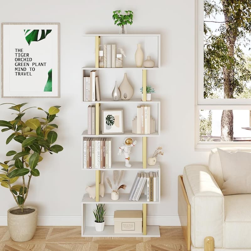 S-Shaped Bookshelf, Black Geometric Bookcase for Home & Office