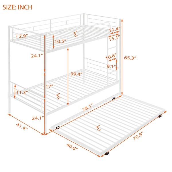 dimension image slide 0 of 3, Industrial Design Twin Over Twin Bunk Bed,Versatile Metal Bunk Bed with Trundle,High Safety Guardrails,Easy-Glide Casters