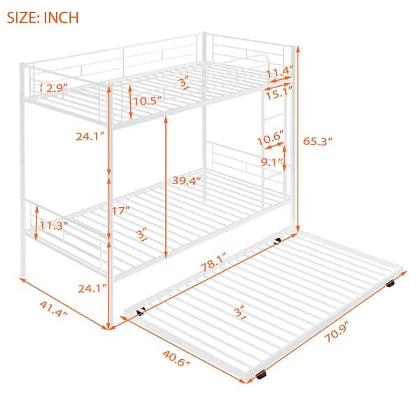 dimension image slide 0 of 3, Twin over Twin Size Metal Bunk Bed With Trundle, Can be Divided into Two Beds