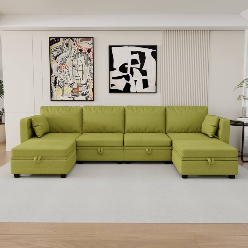 6-Seat U-Shaped Modular Reversible Sectional Sofa with Storage Ottoman