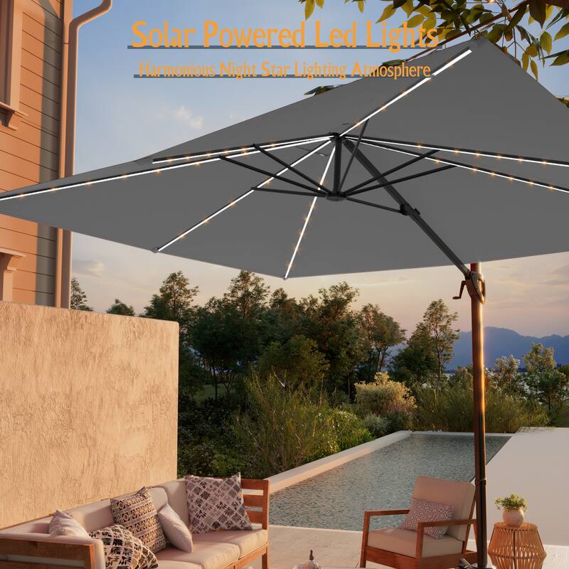 LIVOOSUN 10x8ft LED Rectangle Cantilever Umbrella Patio Offset Umbrella For Outdoor Space, Solution-Dyed Fabric, 360° Rotation
