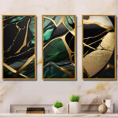 Designart "Abstract Geode Green III" Abstract Marble Framed Canvas Art Print - 3 Panels