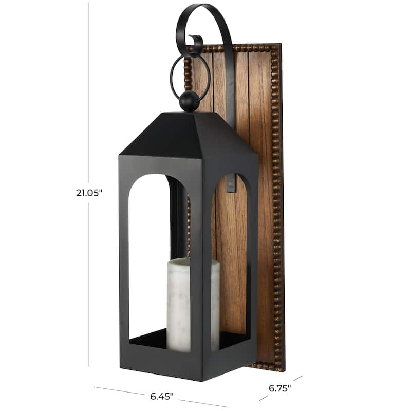 Metal Suspended Arched Cutout Wall Sconce with Brown Wood Backing and Beaded Edge - Black - Roche River Decor