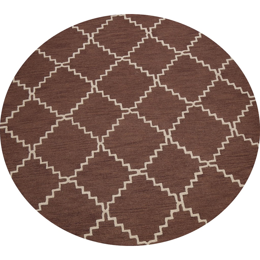 Brown Trellis Contemporary Oriental Area Rug Hand-tufted Wool Carpet - 8'0" x 8'0" Round