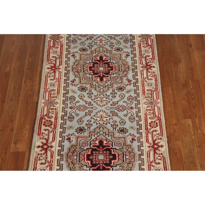 Hand Knotted Oriental 100% Wool Carpet Traditional Geometric Navy Blue & Blues Heriz (serapi) Runner Rug - 8' 1'' X 2' 5''