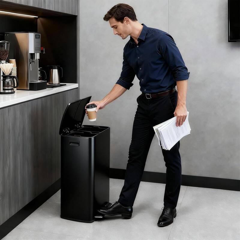 16-Gallon Dual Compartment Kitchen Recycling Station with Soft-Close Lids and Removable Buckets Black