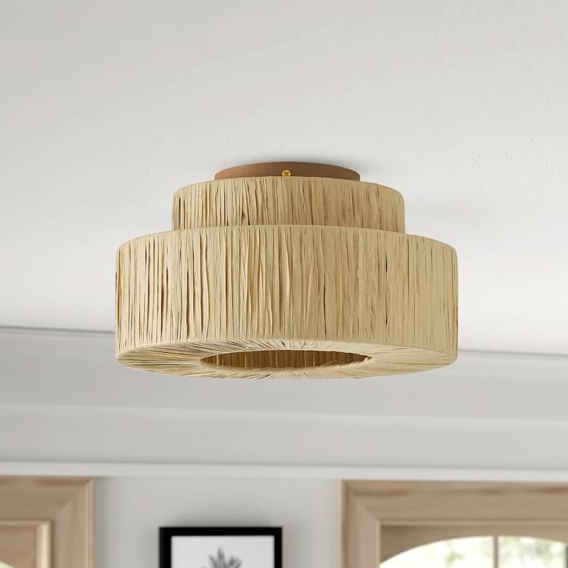Farmhouse 1-Light Paper Woven Double Tier Flush Mount Ceiling Light - Brown